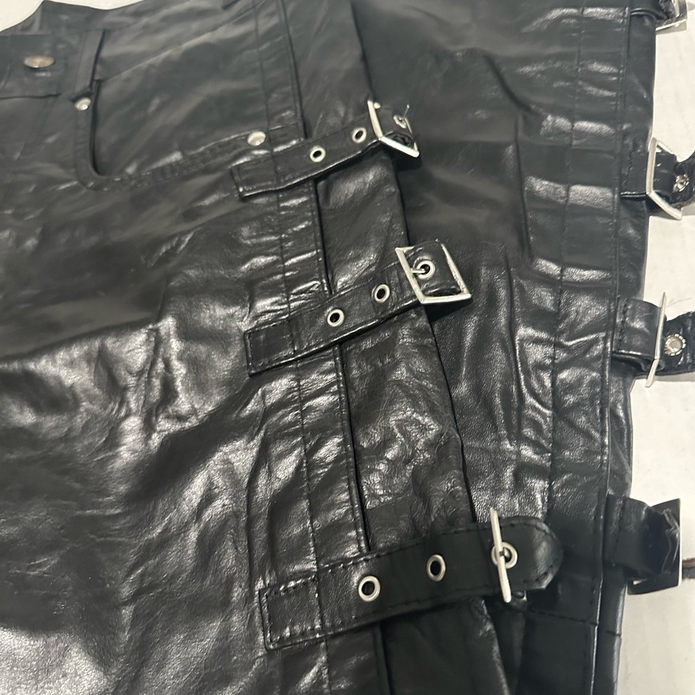 Edgy Black Leather Buckle Pants - Picture 6 of 7